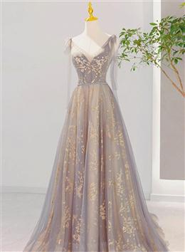 Picture of Pretty V-neckline Lace-up Champagne and Grey Long Formal Dresses, Tulle Formal Dresses